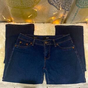 a.n.a, Boot cut jeans with accent designs on back pockets. Dark wash. Womens 4.